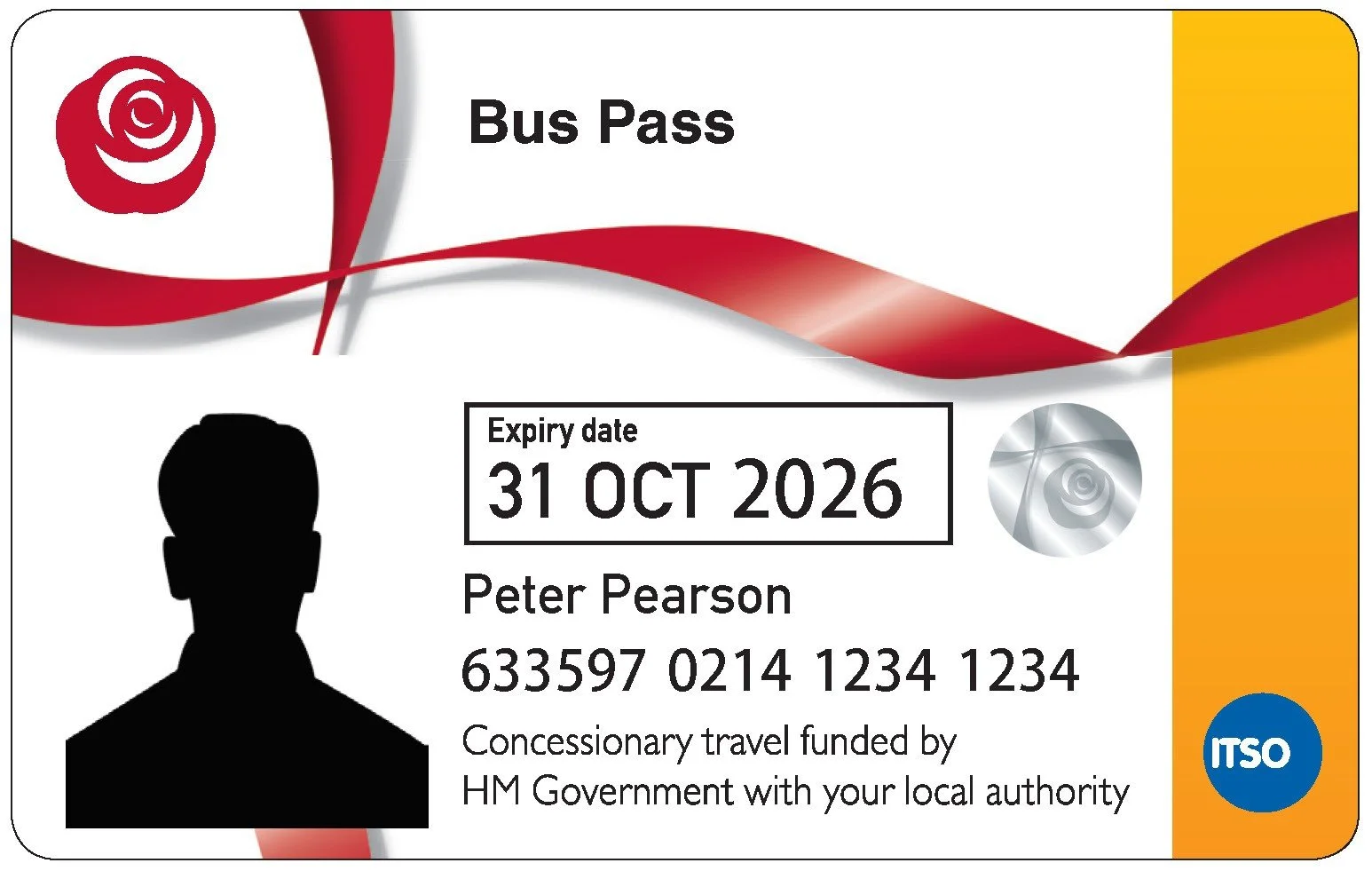 A bus pass with a red and white design, displaying an expiry date of October 31, 2026, for Peter Pearson, with a black silhouette of a person's head and shoulders, and logos for TSO and HM Government.