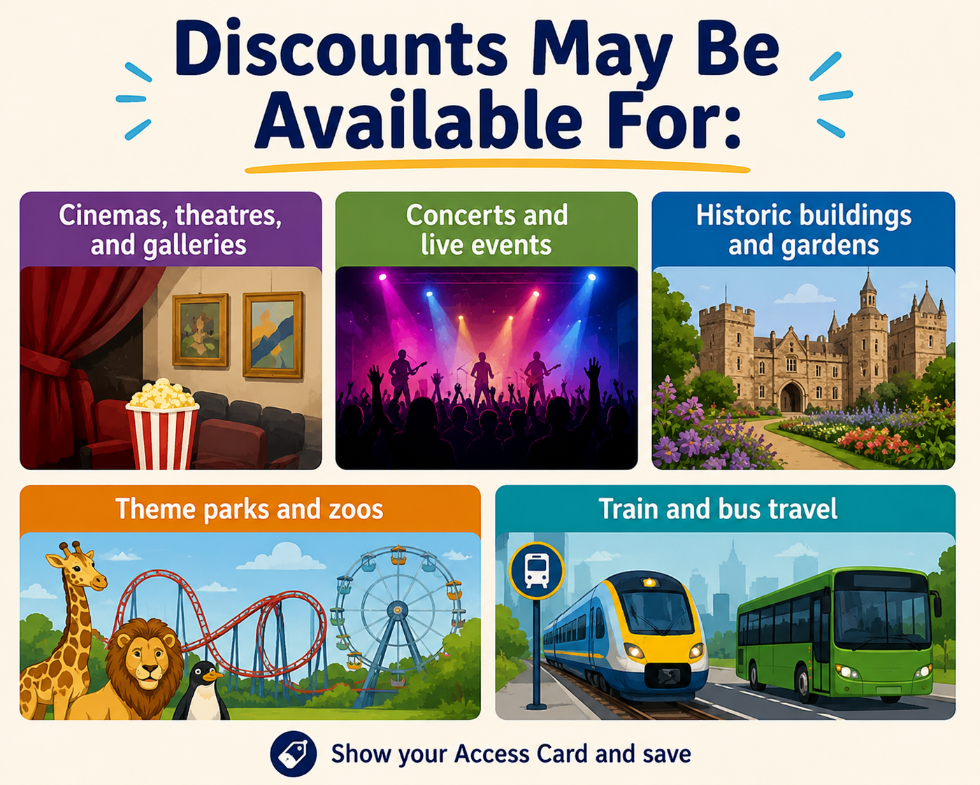 A colorful informational sign listing discounts available for various activities, including cinemas, concerts, historic buildings, theme parks, and transportation.