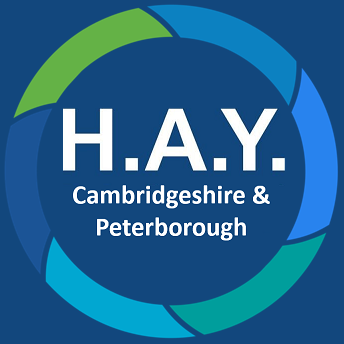 Logo for H.A.Y. Cambridgeshire & Peterborough featuring a circular design with green and blue segments.