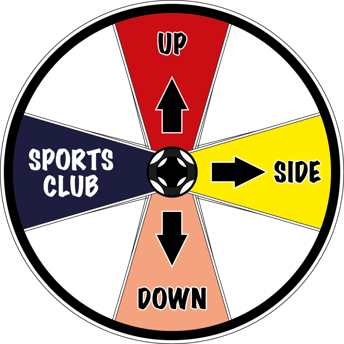 Colorful spinning wheel with sections labeled sports club, up, side, down, and blank, with arrows indicating directions for each section.