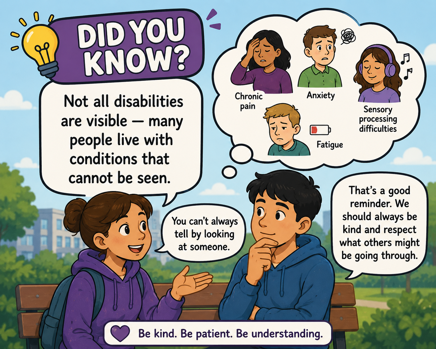 A colorful illustrated poster showing two children sitting on a bench having a conversation about disabilities and understanding others. The poster includes a purple banner with 'Did you know?' and a white box with text explaining that not all disabilities are visible. Illustrations in a thought bubble depict various invisible conditions such as chronic pain, anxiety, sensory processing difficulties, fatigue, and others. The girl is wearing a purple hoodie and has a backpack; the boy is wearing a blue hoodie. They are smiling, and the background includes trees and a building, with a blue sky and clouds.