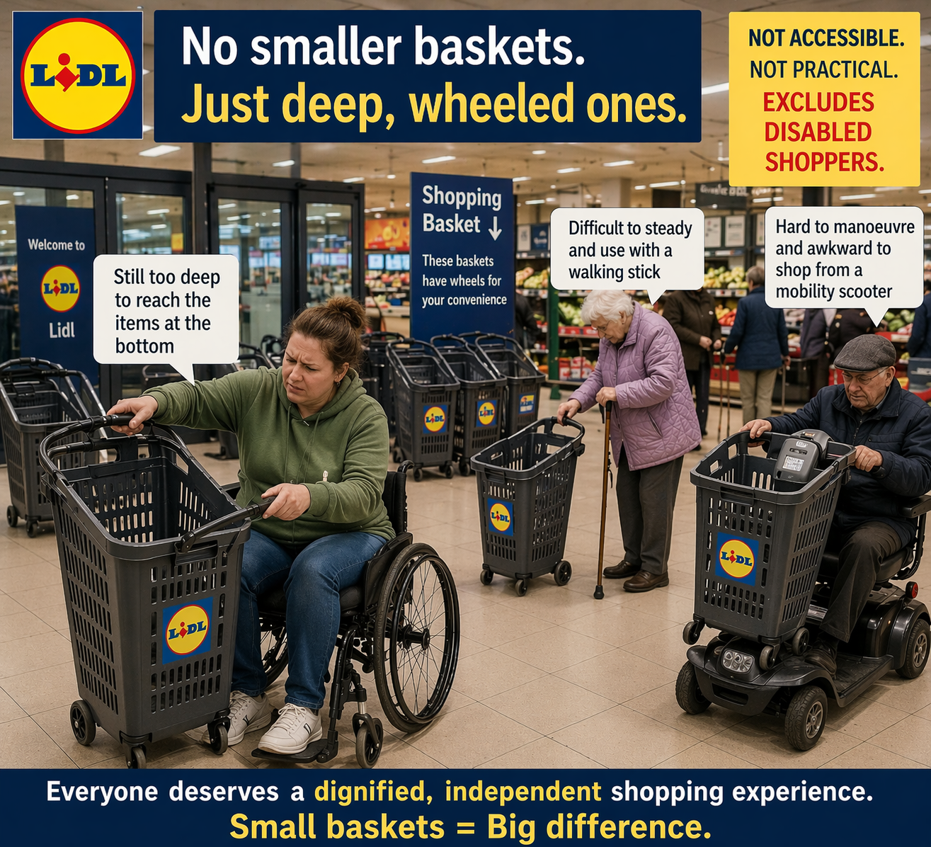 People in a Lidl store with large shopping baskets, including a woman in a wheelchair, an elderly woman using a cane, and a man in a mobility scooter, with signs encouraging use of large baskets for accessibility.