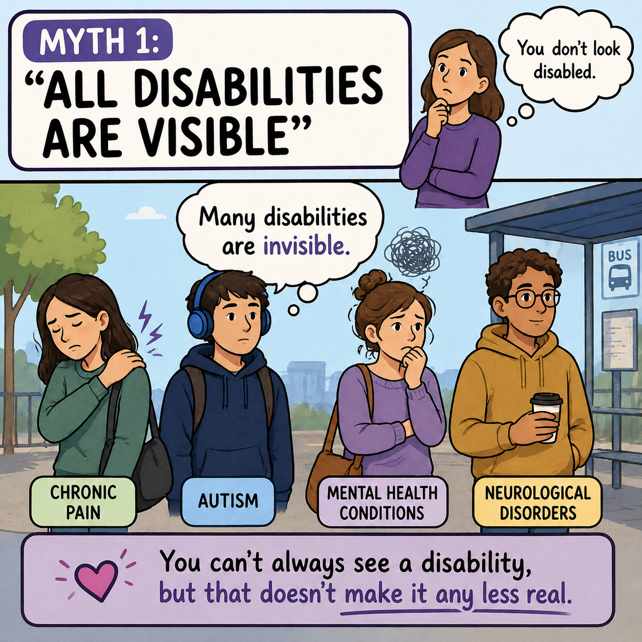 A comic-style illustration explaining that many disabilities are invisible. It shows four young people at a bus stop, with a sign that states 'Myth 1: All disabilities are visible.' The four individuals represent different disabilities: chronic pain, autism, mental health conditions, and neurological disorders. The first girl has shoulder pain, the second boy wears headphones, the third girl appears distressed and confused, and the fourth boy holds a coffee cup. A speech bubble states 'Many disabilities are invisible,' and another girl in purple thinks 'You don’t look disabled.' Text at the bottom emphasizes that disabilities cannot always be seen but are still real.