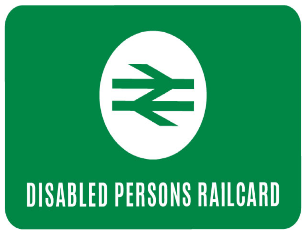 Green railcard with white European rail logo and text 'Disabled Persons Railcard'.