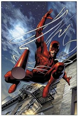 Comic book character in a red and black costume swinging through the city on a web with a full moon in the background.