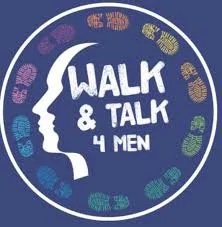Logo with a white outline of two faces and the text 'Walk & Talk 4 Men' surrounded by colored footprints.