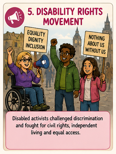 Cartoon illustration of a disability rights protest with three diverse people, including a woman in a wheelchair holding a sign that says "Equality Dignity Inclusion," a man raising his fist, and a girl holding a sign that says "Nothing About Us Without Us."