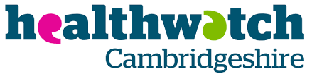 Healthwatch Cambridgeshire logo with text in blue, pink, and green.
