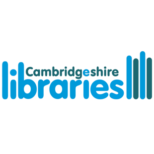 Cambridgeshire Libraries logo with blue text and stylized books on each side.