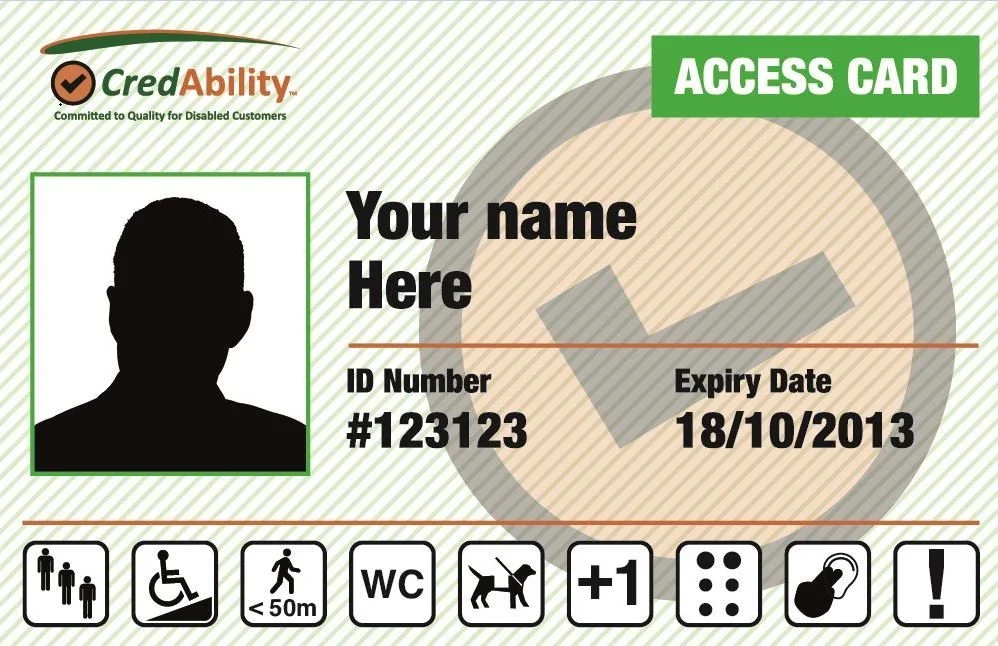 Credit Ability access card with a silhouette photo, placeholder for name, ID number 123123, expiry date 18/10/2013, and various icons indicating accessibility, facilities, and warnings.