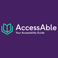AccessAble logo with open book icon and the text "AccessAble Your Accessibility Guide" on a purple background.