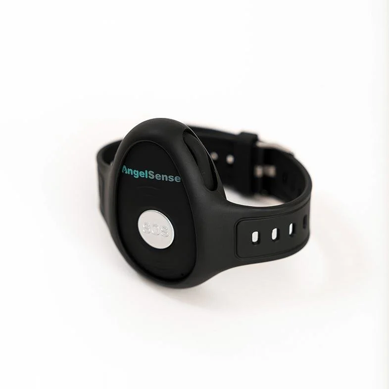 Black AngelSense GPS tracker wristband with blue text and silver button, on a white background.