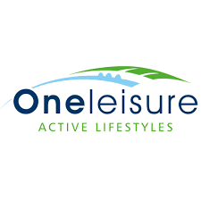 Logo for OneLeisure featuring a green leaf and blue text with the slogan 'Active Lifestyles'