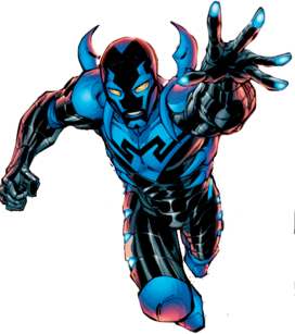 Animated superhero character in black and blue costume, reaching forward as if flying or running.