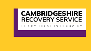 Cambridgeshire Recovery Service logo with black, white, purple, and yellow colors and the tagline 'Led by those in recovery'.
