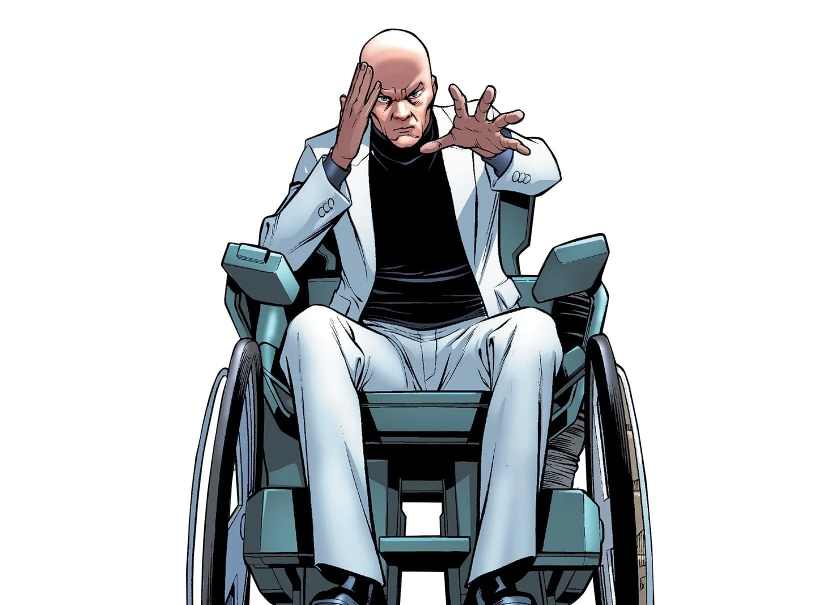 Illustration of a bald man in a wheelchair wearing a light gray suit and black shirt, appearing angry or determined.