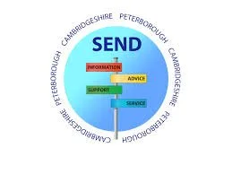 A circular infographic with the Word 'SEND' in the center, surrounded by sections labeled 'INFORMATION,' 'ADVICE,' 'SUPPORT,' and 'SERVICE,' with an outer ring listing Cambridge, Peterborough, and surrounding areas.