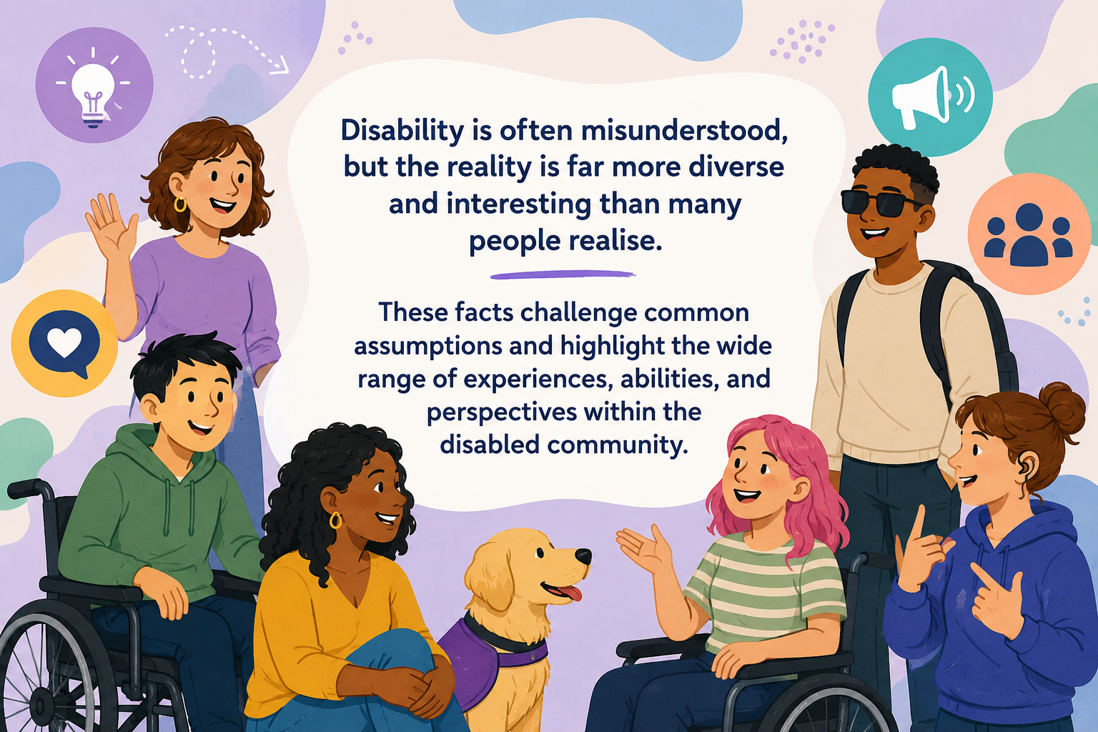 A diverse group of people, including two in wheelchairs and a guide dog, smiling and talking outdoors with a woman waving. Icons of a lightbulb, speaker, heart in speech bubble, and group of people are in the background. A quote discusses understanding disability diversity.