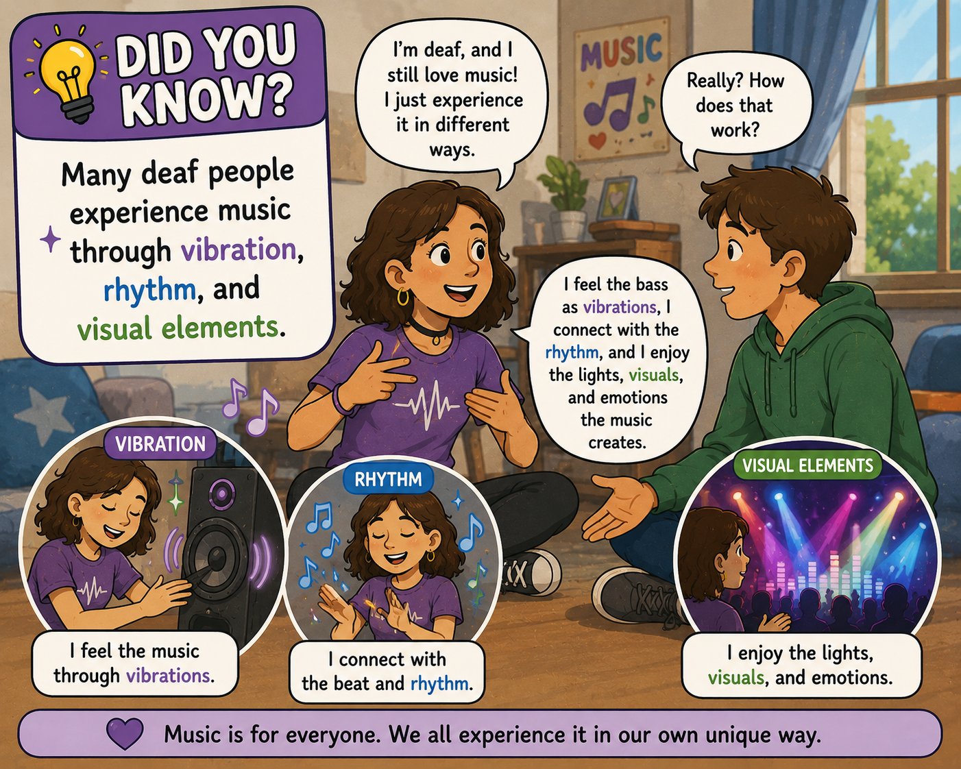 A colorful educational poster about how deaf people experience music through vibration, rhythm, and visual elements. It features a girl explaining her connection to music, with illustrations of vibrations, rhythm, and visual elements, and a boy listening and asking questions.