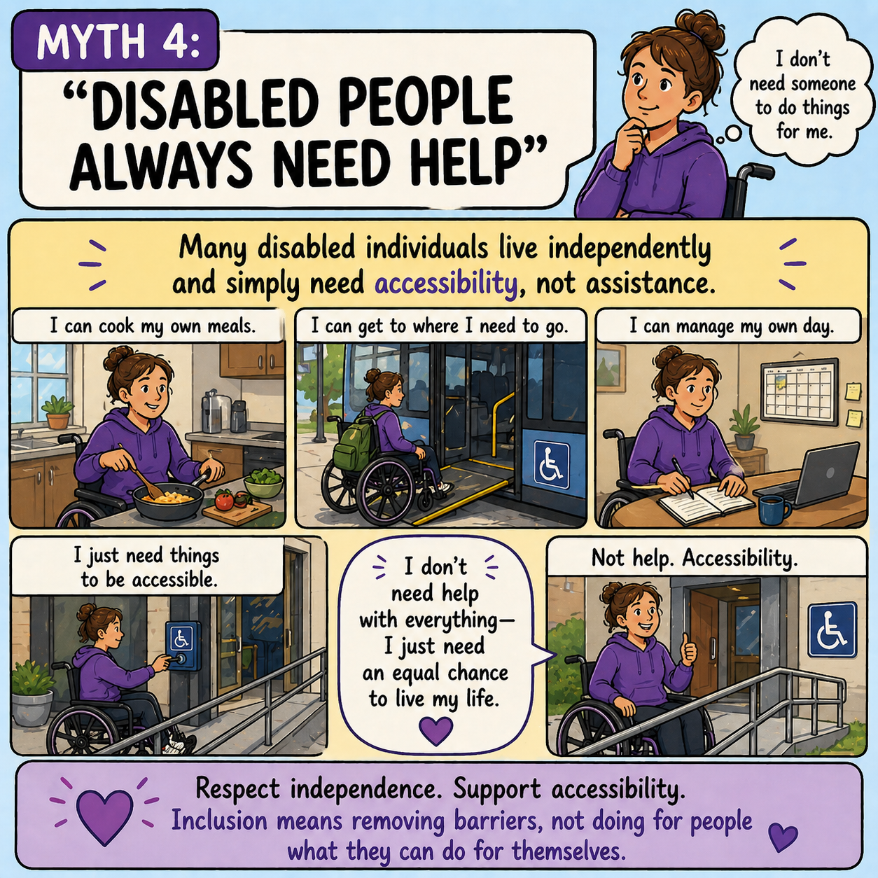 An educational comic about disability and independence, showing a girl in a wheelchair demonstrating daily activities like cooking, traveling on a bus, managing her day, and using accessible features, emphasizing the importance of accessibility and equal opportunities.