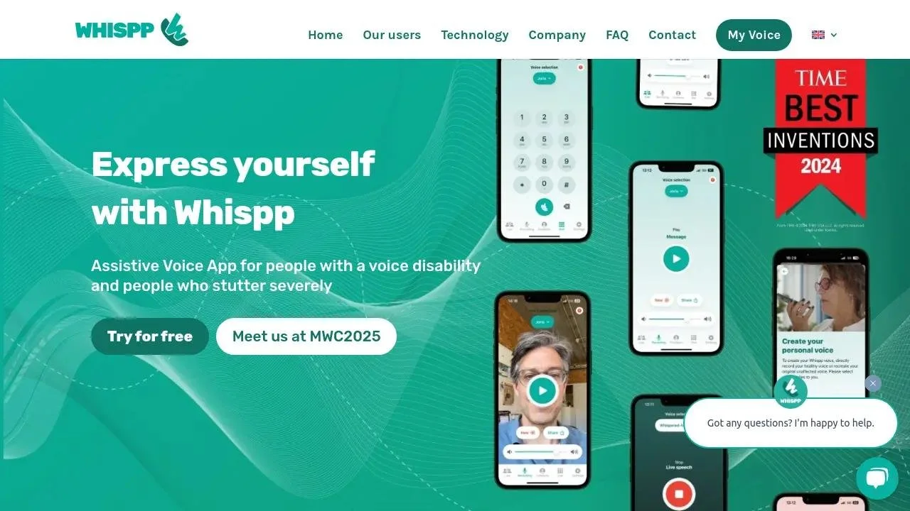 Screenshot of Whispp website highlighting their assistive voice app for people with voice disabilities and severe stuttering. The page features mobile app screenshots, a free trial button, a meet-up announcement at MWC2025, and a badge for TIME Best Inventions 2024.