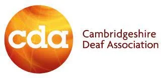Logo of the Cambridgeshire Deaf Association featuring a circular orange and yellow gradient with white lowercase text 'cda' and the full name in smaller lettering to the right.