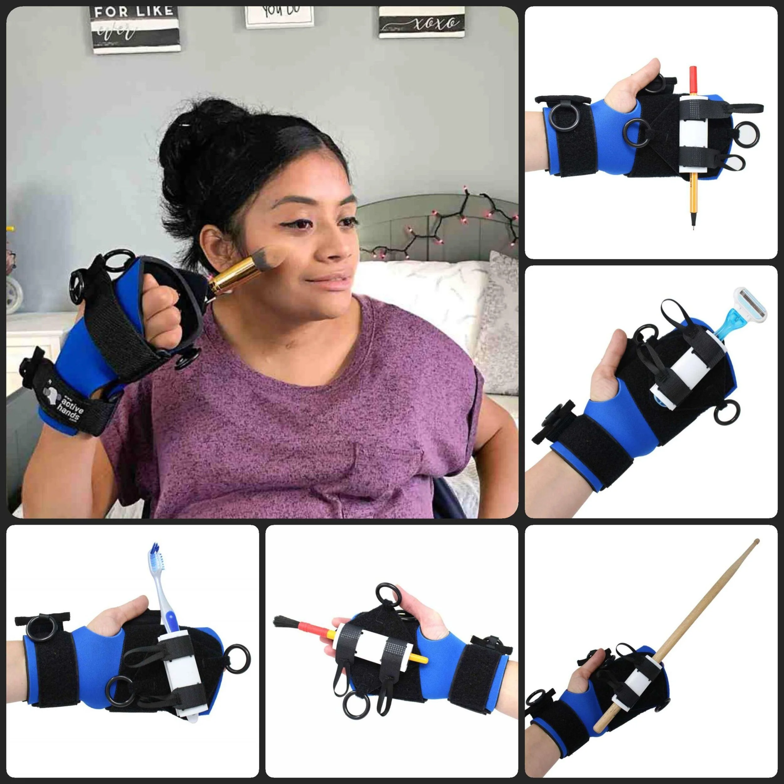 A woman wearing a purple shirt with a blue wrist brace on her left arm using a hand therapy device to squeeze a yellow and black object. Next to her, there are close-up images of tool attachments, including a toothbrush, a razor, and a wooden stick, secured with black straps.