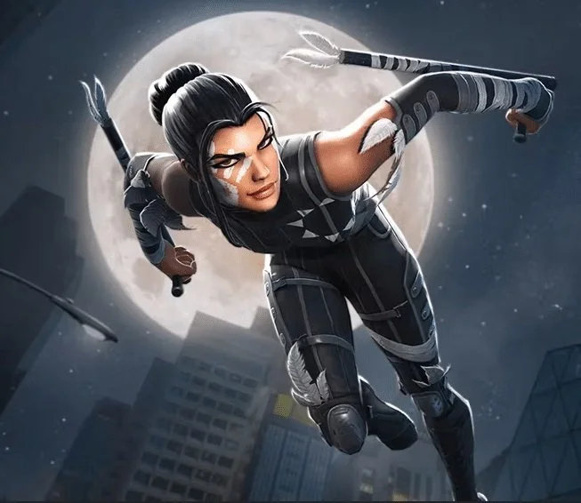A female superhero flying in front of a full moon over a city skyline at night, holding arrows and wearing a black suit with white markings, a quiver on her back, and face paint.