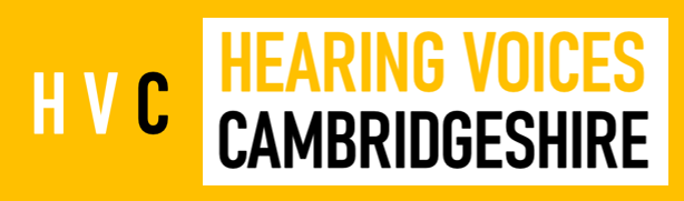 Yellow and white banner with black and yellow text reading "HVC Hearing Voices Cambridgeshire."