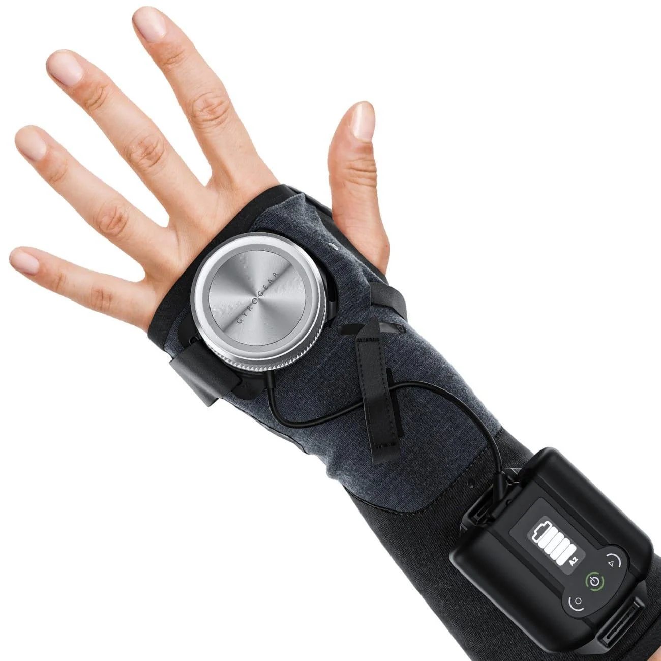 Close-up of a person's arm with a smartwatch on their wrist, connected to a portable electronic device showing a full battery icon, while wearing a black and gray sleeve and a fitness tracker.