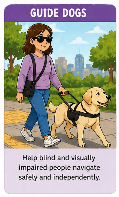 A guide dog walking with a woman in a park, with a city skyline in the background. The guide dog helps visually impaired people navigate safely and independently.