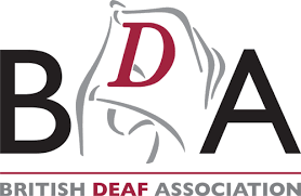 Logo of the British Deaf Association with the initials BDA, stylized hand gestures, and the full name underneath.