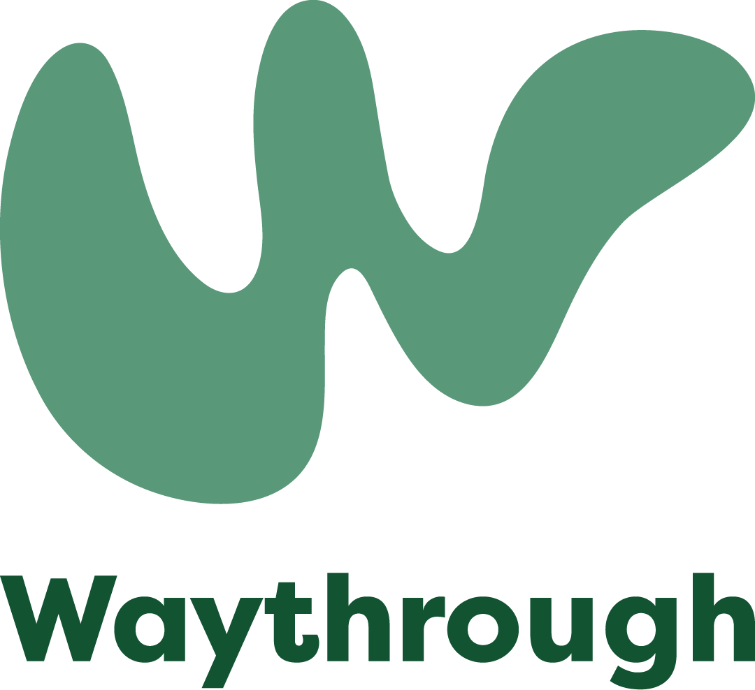 Green abstract hand shape with the word 'Waythrough' beneath it.