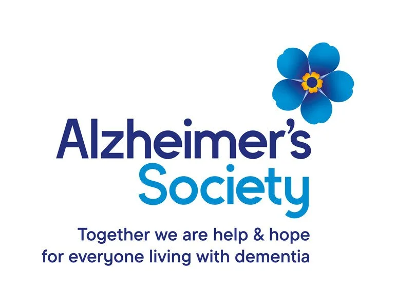 Logo of the Alzheimer's Society featuring a blue flower and slogan 'Together we are help & hope for everyone living with dementia'.