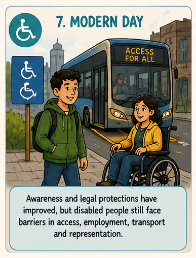 Illustration of two children, one in a wheelchair and one standing, near a city bus with a sign reading 'Access for All' and disability parking signs, highlighting accessibility awareness and legal protections for disabled people.