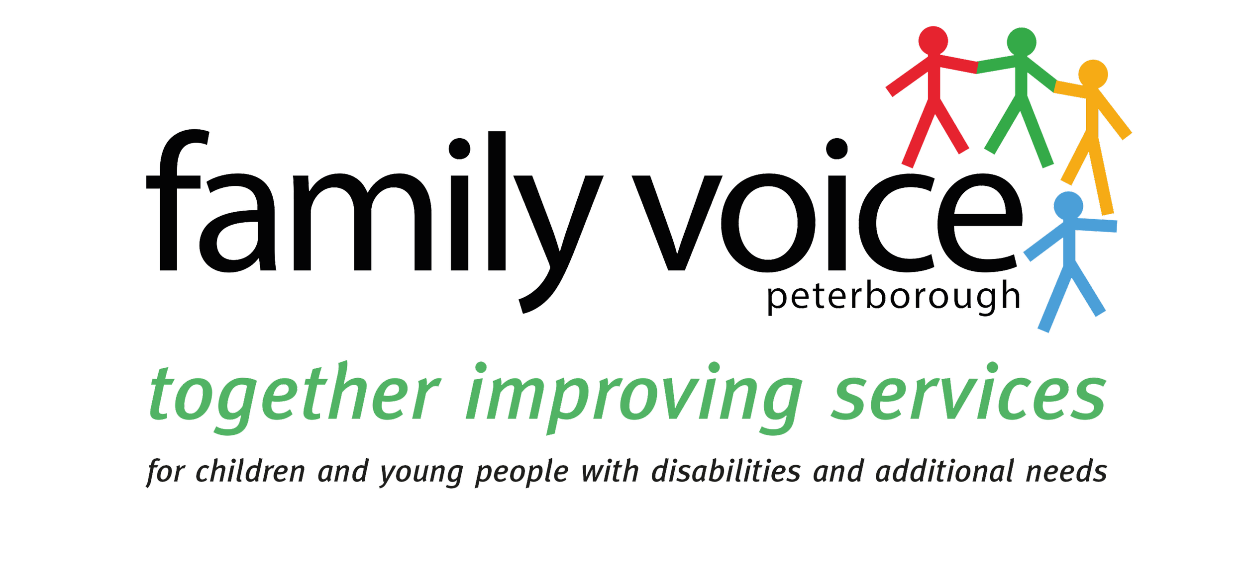 Logo of Family Voice Peterborough with colorful, interconnected figures and text 'together improving services' for children and young people with disabilities and additional needs.