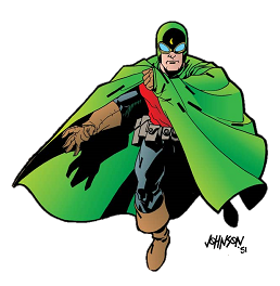Comic book illustration of a superhero with a green cape and hood, wearing a red shirt and dark pants, running forward.