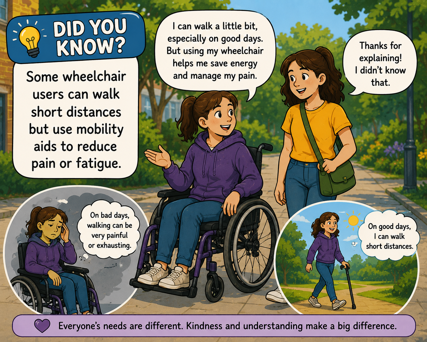 Illustration of a girl in a wheelchair and another girl walking outdoors in a park, sharing information about wheelchairs and mobility.