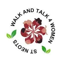 Logo with the text 'Walk and Talk 4 Women' circling around a flower with four women holding hands inside, surrounded by two green leaves.