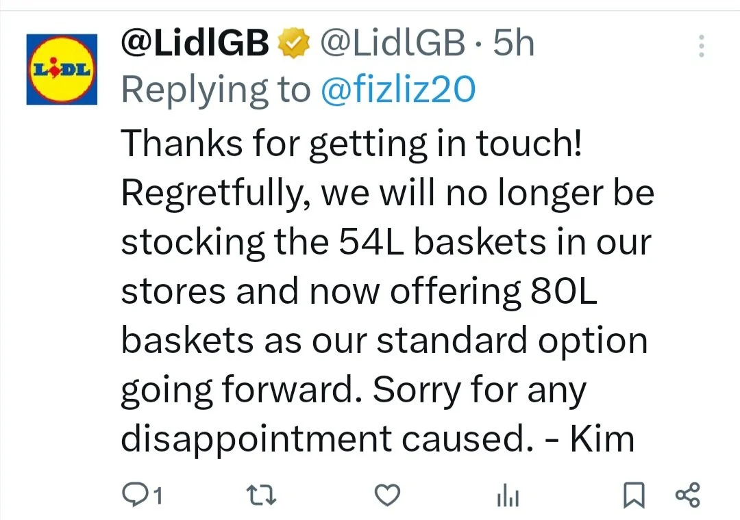 Twitter reply from LidIGB message stating they will no longer stock 54L baskets and will now offer 80L baskets as standard, apologizing for any disappointment.
