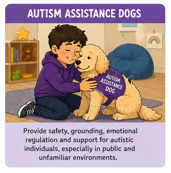 A child wearing a purple hoodie sitting on the floor hugging a golden retriever therapy dog with a purple vest that says 'Autism Assistance Dog' in a room with toys and a rainbow drawing on the wall.