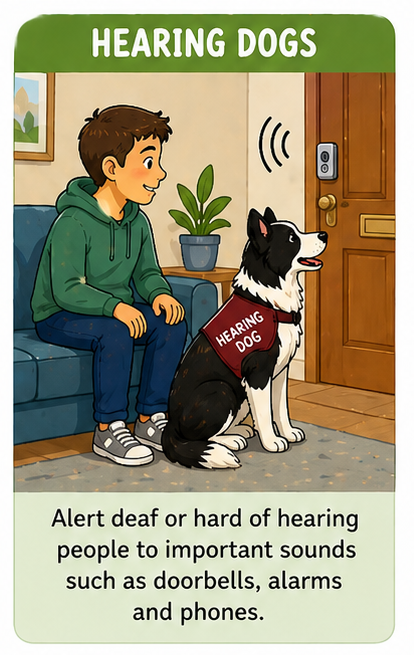 Illustration of a boy and a hearing dog sitting inside a house near a door with a doorbell. The boy is on a blue couch, and the hearing dog, wearing a red vest labeled "Hearing Dog," sits beside him, alert for sounds. A green banner at the top reads "Hearing Dogs." The bottom text advises being alert to important sounds like doorbells, alarms, and phones for deaf or hard of hearing people.