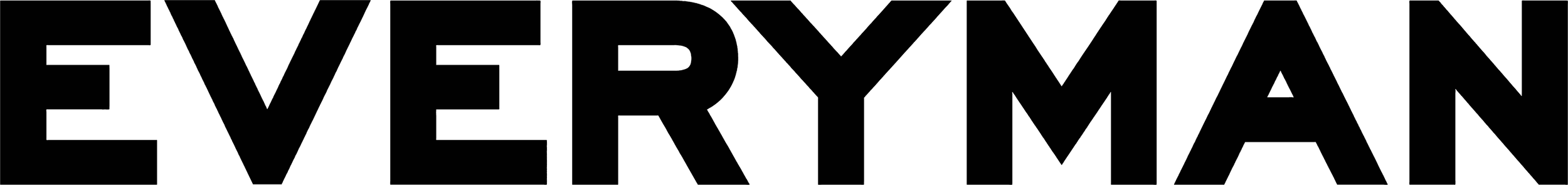 Close-up of the letters spelling "EVERYMAN" in black uppercase outlined font on a white background.
