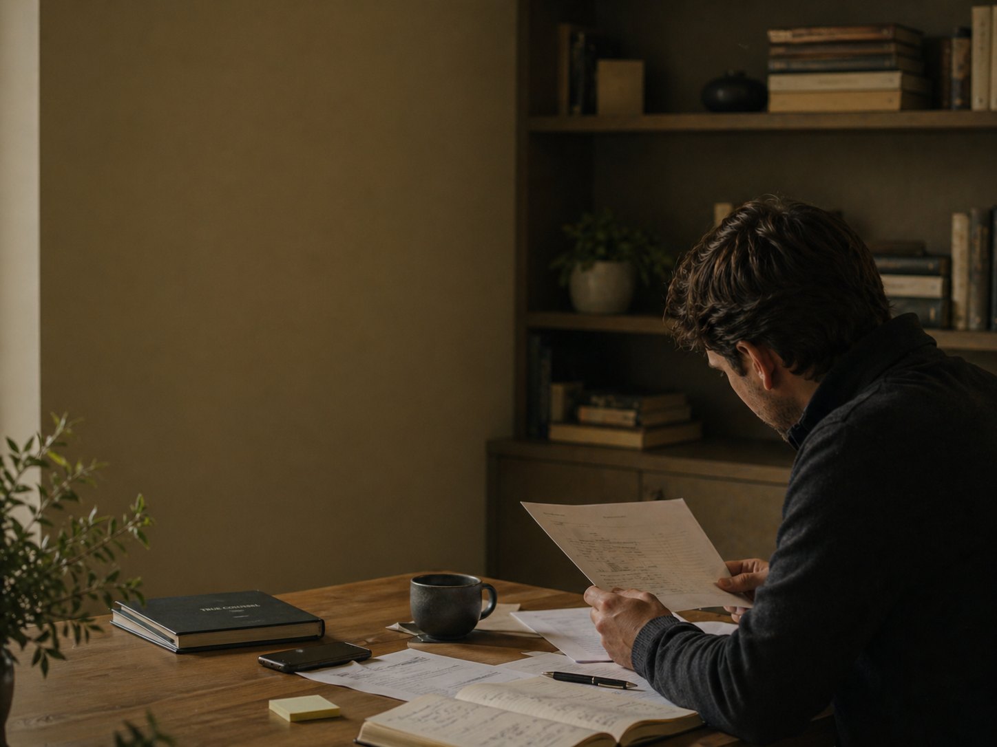 A man is sitting at a wooden desk, reading a piece of paper in a cozy, dimly lit room with a bookshelf in the background, a black coffee mug, notebooks, papers, a pen, a smartphone, and a small plant on the desk.