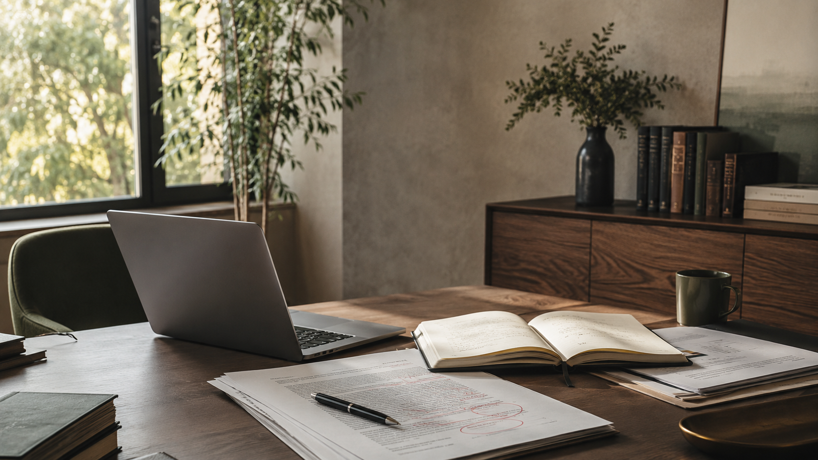 A cozy home office with a wooden desk holding an open book, a laptop, papers with notes, a black pen, and a coffee mug. There are books and a vase with greenery on a wooden sideboard, a large window with greenery outside, and a potted plant nearby.