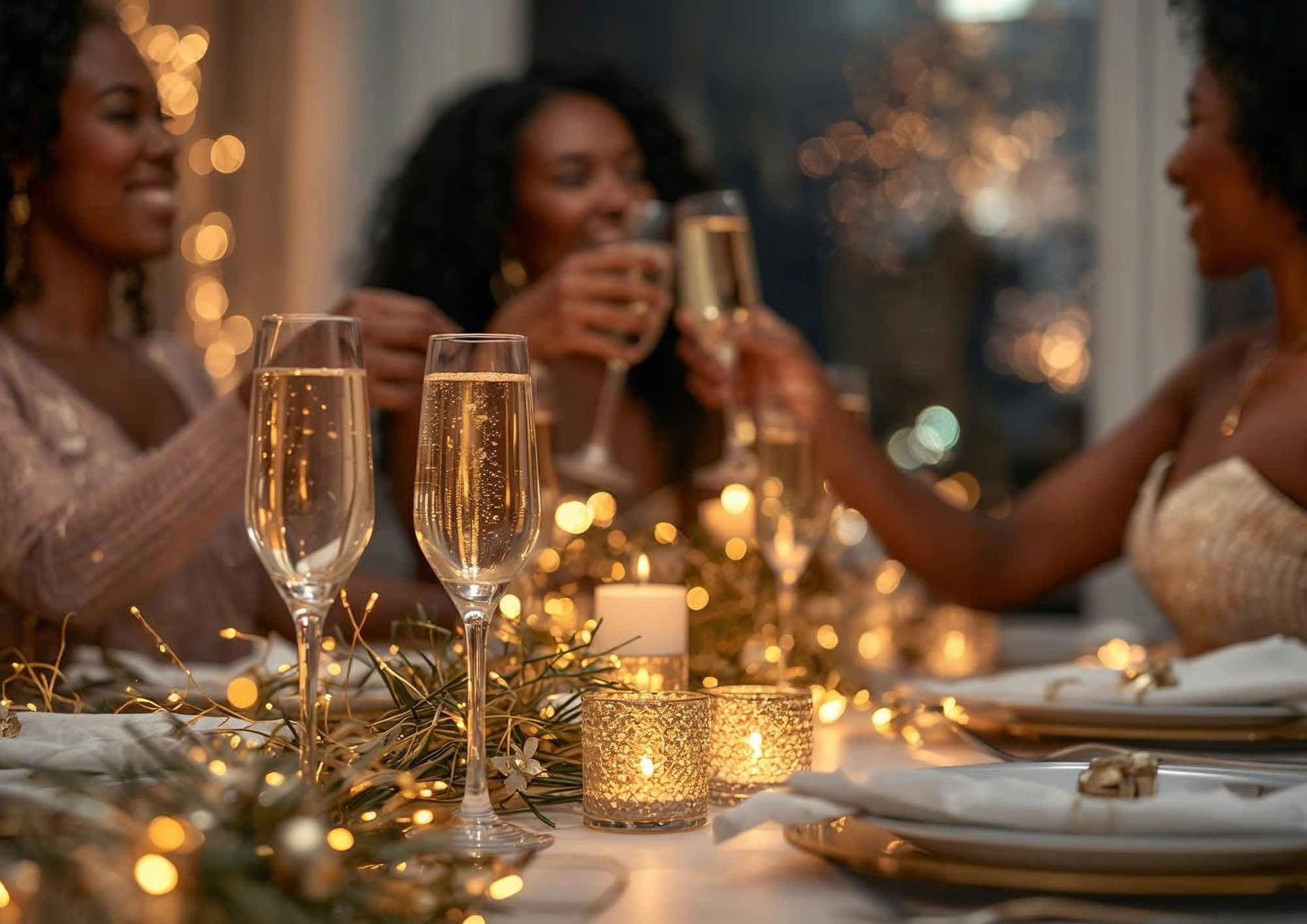 Three women celebrating with champagne glasses at a decorated dinner table with candles and string lights, in a warmly lit setting.