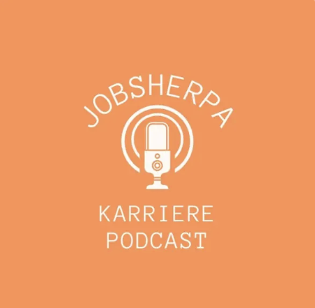 Logo til Jobsherpa Karriere Podcast med mikrofonillustration på orange baggrund.