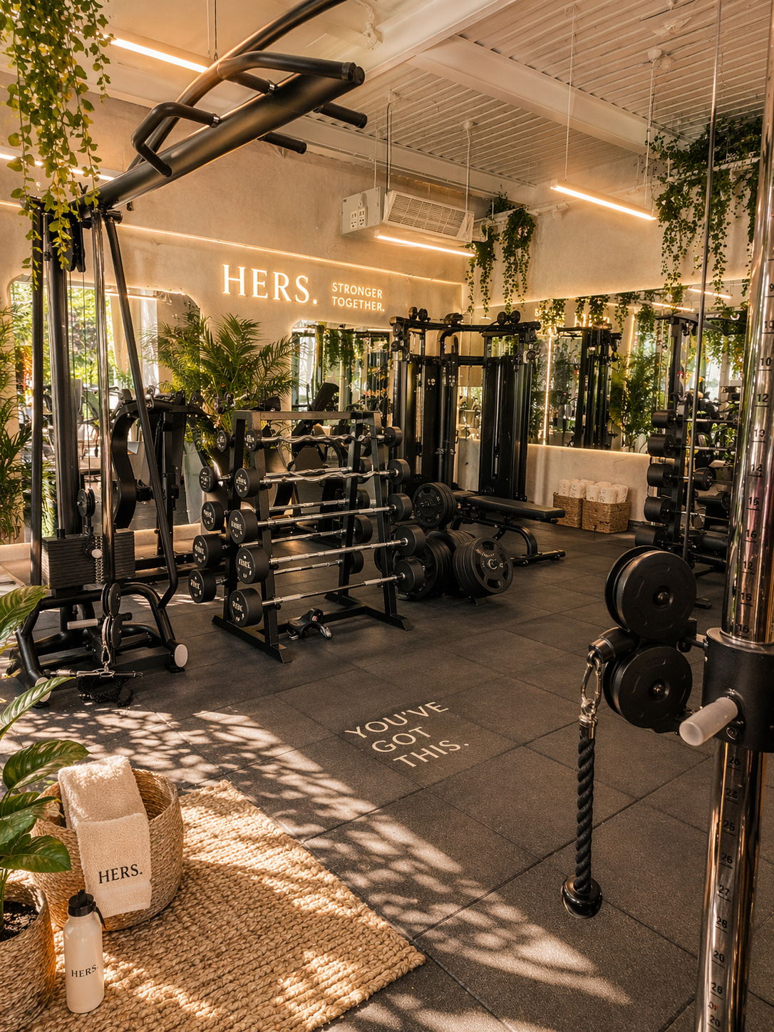 Modern gym with black equipment, mirrors, and green plants. Lighted sign reads 'HERS. STRONGER TOGETHER.' The floor has motivational text 'YOU'VE GOT THIS.'