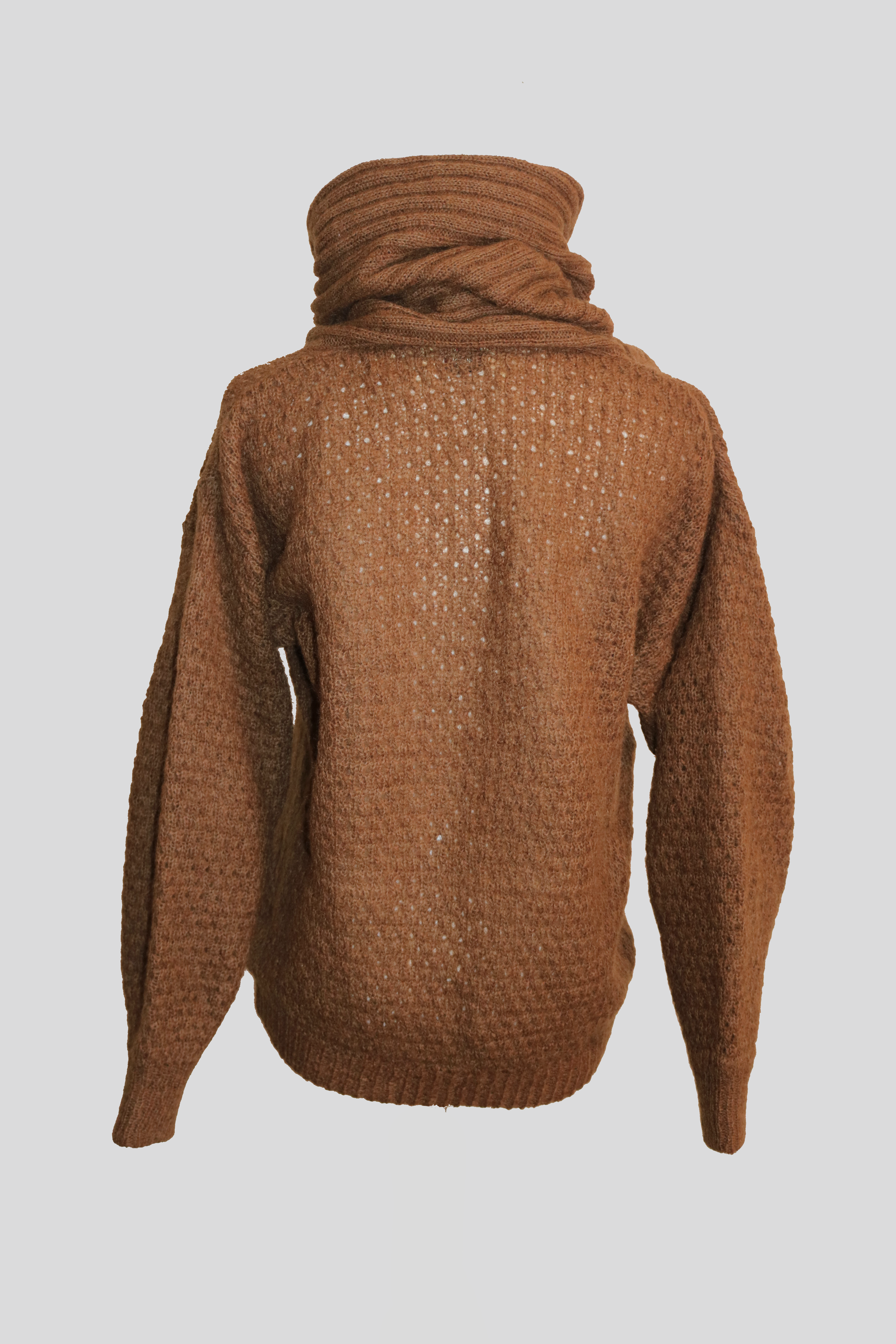 anne klein mohair blend knit sweater with cowl neck that doubles as a draped hood. sweater is displayed on fabric dress form, showing the back.