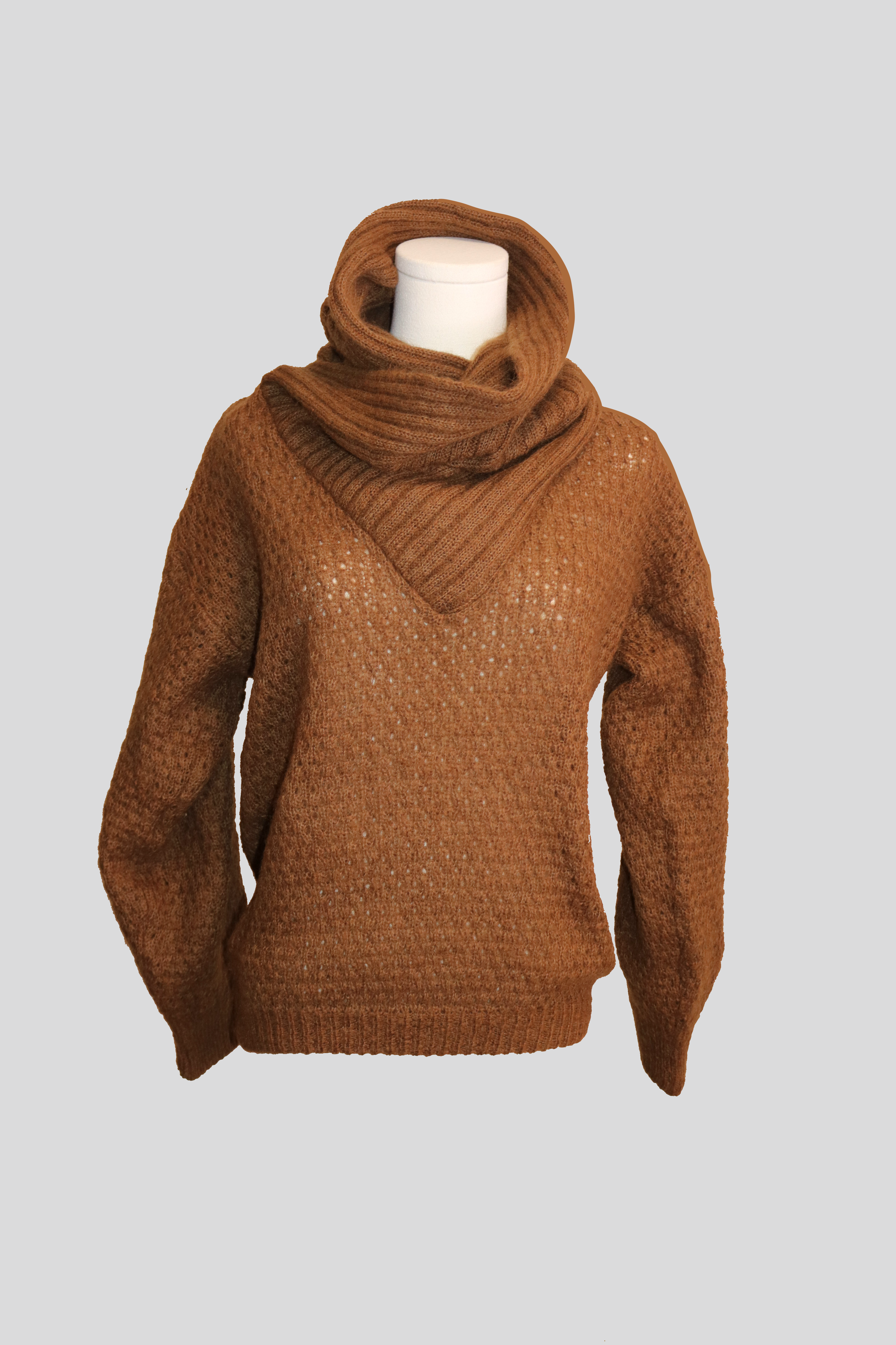 anne klein mohair blend knit sweater with cowl neck that doubles as a draped hood. sweater is shown on fabric dress form, facing front.